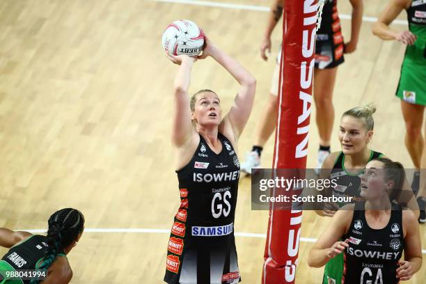 Caitlin Thwaites of the Magpies shoots the ball during the round nine Super Netball match between the Magpies and the Fever at Margaret Court Arena...