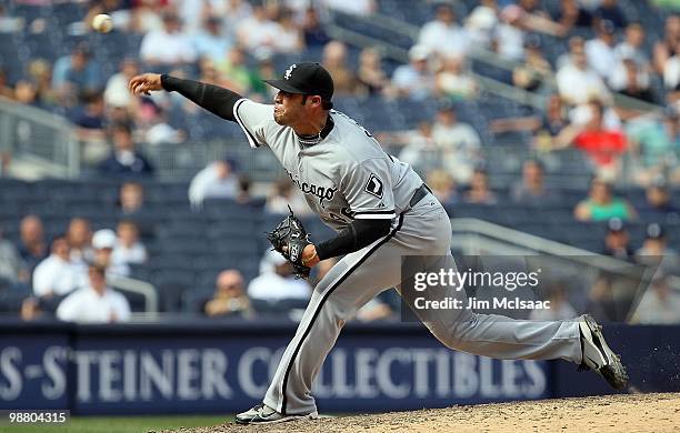 Sergio Santos of the Chicago White Sox delivers a pitch against the New York Yankees on May 2, 2010 at Yankee Stadium in the Bronx borough of New...