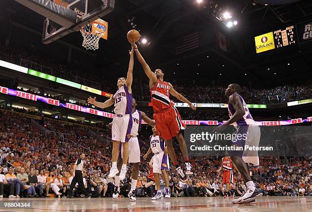 Marcus Camby of the Portland Trail Blazers puts up a shot against the Phoenix Suns during Game One of the Western Conference Quarterfinals of the...