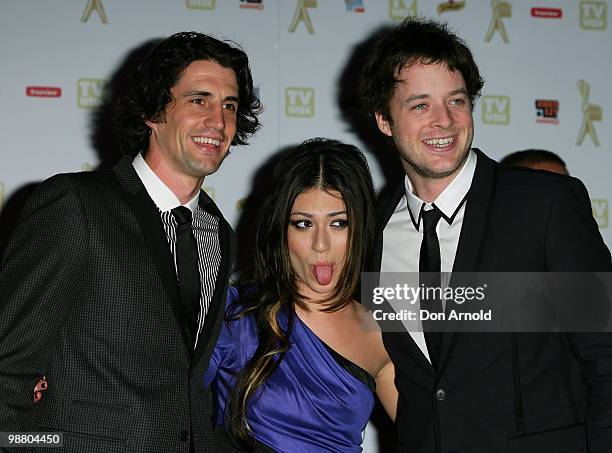 Andy Lee, Gabriella Cilmi and Hamish Blake arrive at the 52nd TV Week Logie Awards at Crown Casino on May 2, 2010 in Melbourne, Australia.