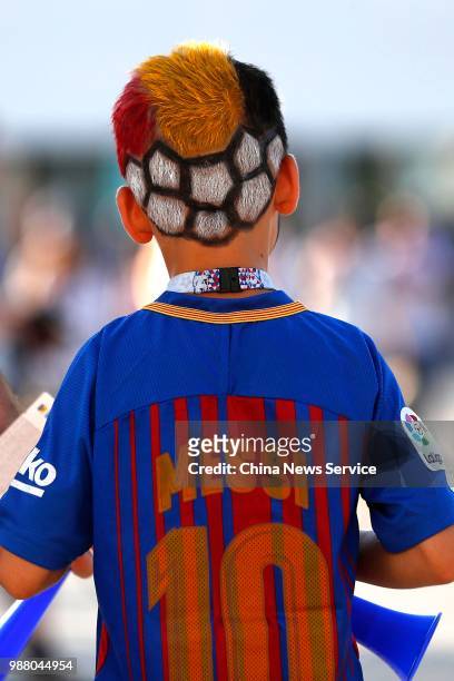 Fan of Messi arrives at Kaliningrad Stadium prior to the 2018 FIFA World Cup Russia group G match between England and Belgium on June 28, 2018 in...