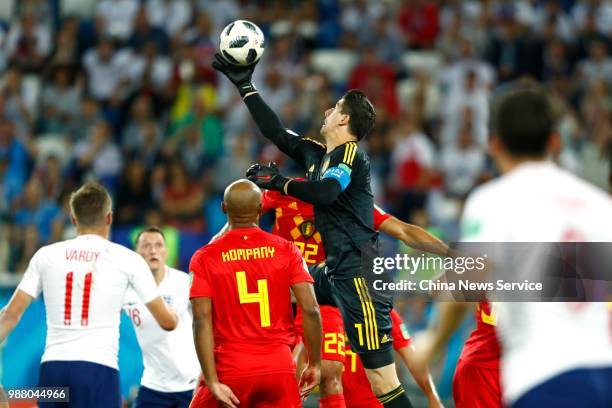 Goalkeeper Thibaut Courtois of Belgium saves the ball during the 2018 FIFA World Cup Russia group G match between England and Belgium at Kaliningrad...