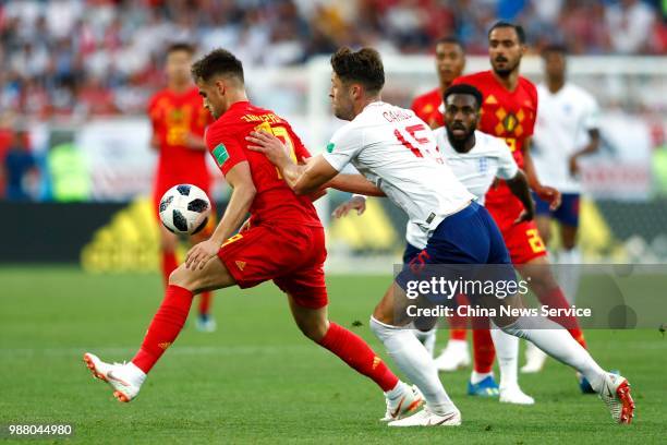 Gary Cahill of England competes with Adnan Januzaj of Belgium during the 2018 FIFA World Cup Russia group G match between England and Belgium at...