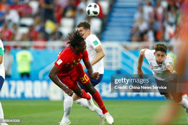 Dedryck Boyata of Belgium heads the ball during the 2018 FIFA World Cup Russia group G match between England and Belgium at Kaliningrad Stadium on...