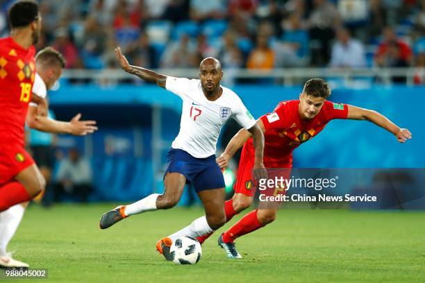 Fabian Delph of England competes with Leander Dendoncker of Belgium during the 2018 FIFA World Cup Russia group G match between England and Belgium...