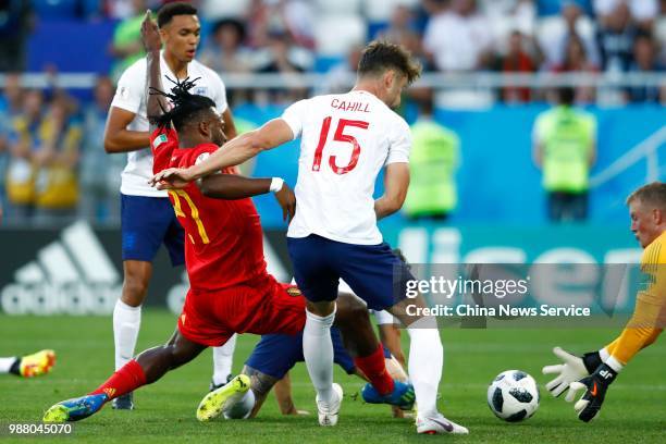 Michy Batshuayi of Belgium shoots the ball during the 2018 FIFA World Cup Russia group G match between England and Belgium at Kaliningrad Stadium on...