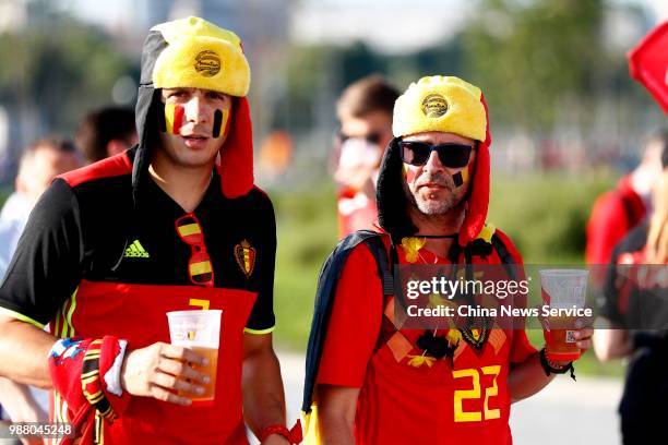 Fans of Belgium arrive at Kaliningrad Stadium prior to the 2018 FIFA World Cup Russia group G match between England and Belgium on June 28, 2018 in...