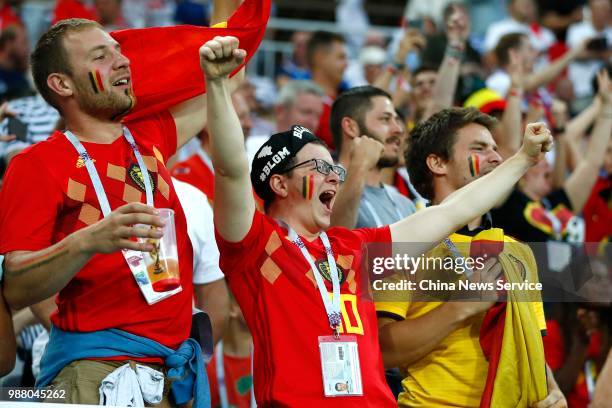 Fans of Belgium during the 2018 FIFA World Cup Russia group G match between England and Belgium at Kaliningrad Stadium on June 28, 2018 in...