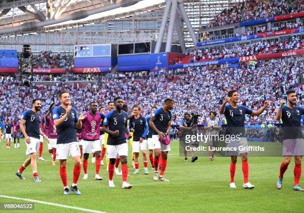 France team applaud fans after their victory during the 2018 FIFA World Cup Russia Round of 16 match between France and Argentina at Kazan Arena on...