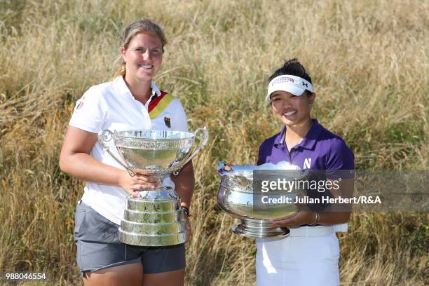 Leonie Harm of Germany with the winners trophy and the runner up Stephanie Lau of The USA after the final on day five of The Ladies' British Open...