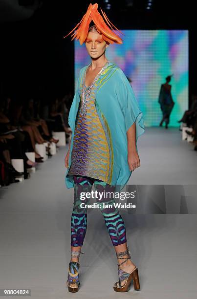 Model showcases designs by Camilla on the catwalk on the first day of Rosemount Australian Fashion Week Spring/Summer 2010/11 at the Overseas...