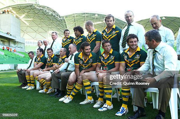 The Australian ARL Kangaroos team share a laugh during a team photograph at AAMI Park on May 3, 2010 in Melbourne, Australia.