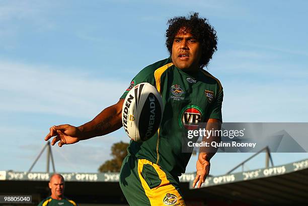 Sam Thaiday of the Kangaroos passes the ball during an Australian ARL Kangaroos training session at Visy Park on May 3, 2010 in Melbourne, Australia.