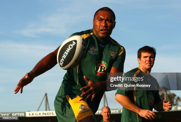 Petero Civoniceva of the Kangaroos passes the ball during an Australian ARL Kangaroos training session at Visy Park on May 3, 2010 in Melbourne,...