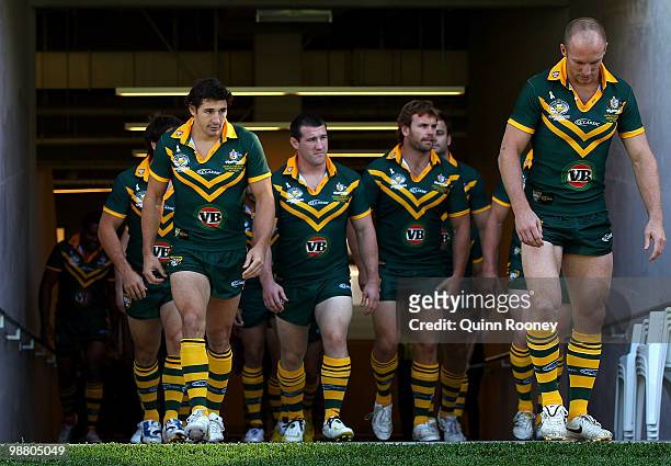 The Australian ARL Kangaroos walk out onto the ground for a team photograph at AAMI Park on May 3, 2010 in Melbourne, Australia.