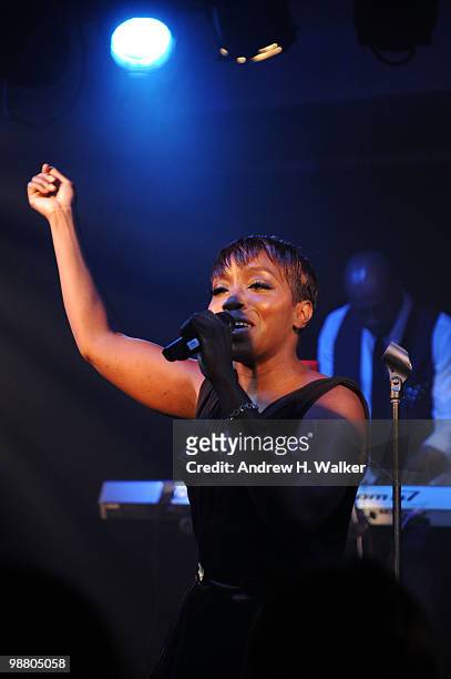 Singer Estelle performs onstage at Art of Elysium "Bright Lights" with VERSUS by Donatella Versace and Christopher Kane at Milk Studios on April 30,...