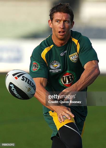 Kurt Gidley of the Kangaroos passes the ball during an Australian ARL Kangaroos training session at Visy Park on May 3, 2010 in Melbourne, Australia.