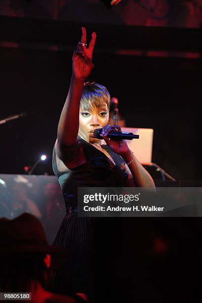 Singer Estelle performs onstage at Art of Elysium "Bright Lights" with VERSUS by Donatella Versace and Christopher Kane at Milk Studios on April 30,...