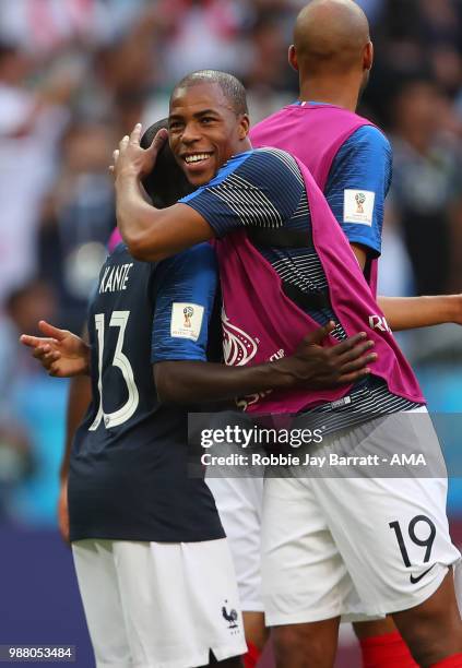 Djibril Sidibe of France celebrates with Ngolo Kante of France at the end of the 2018 FIFA World Cup Russia Round of 16 match between France and...