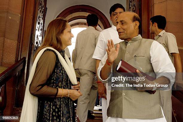 Actor-turned-politician Jaya Prada with Bharatiya Janata Party leader Rajnath Singh at Parliament in New Delhi on Friday, April 30, 2010.