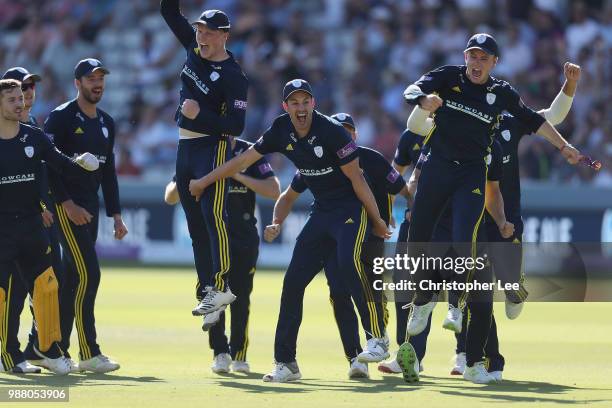 Mason Crane celebrates running out Alex Blake of Kent with his team mates during the Royal London One-Day Cup Final match between Kent and Hampshire...