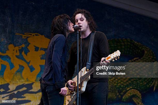 Musicians Alison Mosshart and Jack White of The Dead Weather performs during day 7 of the 41st annual New Orleans Jazz & Heritage Festival at the...