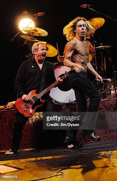 Mike Watt and Iggy Pop perform live on stage with The Stooges at Hammersmith Apollo on May 2, 2010 in London, England. Iggy Pop and the Stooges...