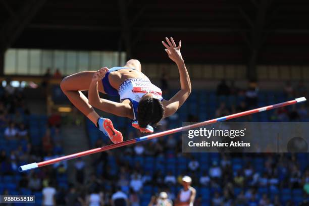 Katerina Johnson-Thompson fails at her second attempt in the Women's High Jump Final during Day One of the Muller British Athletics Championships at...