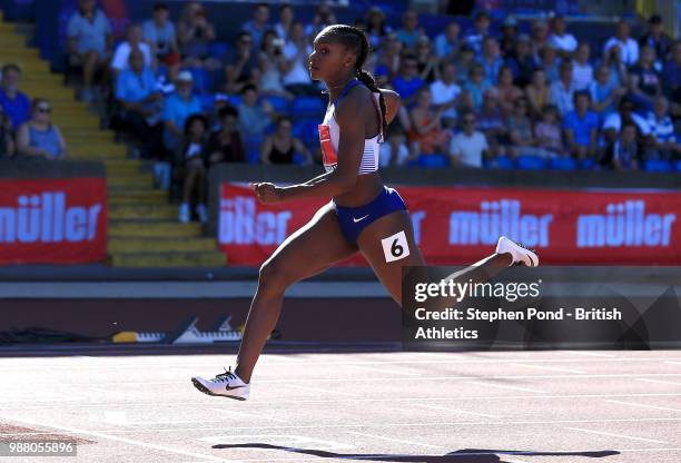 Dina Asher-Smith of Great Britain wins the Womens 100m Final during Day One of the Muller British Athletics Championships at the Alexander Stadium on...