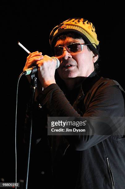 Alan Vega, of electro-punk duo Suicide, performs as support to Iggy Pop and The Stooges at Hammersmith Apollo on May 2, 2010 in London, England.