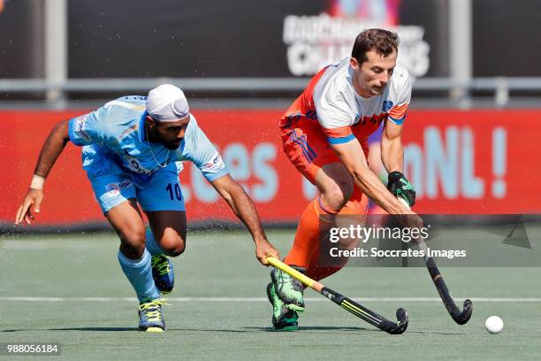 Simranjeet Singh of India, Valentin Verga of Holland during the Champions Trophy match between Holland v India at the Hockeyclub Breda on June 30,...