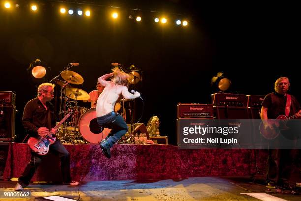 Mike Watt, Scott Asheton, Iggy Pop and James Williamson perform as Iggy and The Stooges on stage at Hammersmith Apollo on May 2, 2010 in London,...