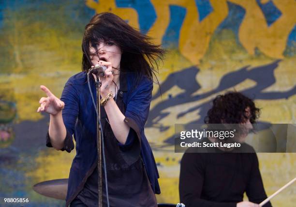 Alison Mosshart and Jack White of The Dead Weather performs during the 41st Annual New Orleans Jazz & Heritage Festival Presented by Shell at Fair...