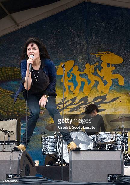 Alison Mosshart and Jack White of The Dead Weather performs during the 41st Annual New Orleans Jazz & Heritage Festival Presented by Shell at Fair...