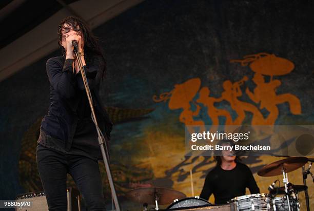 Musicians Alison Mosshart and Jack White of the Dead Weather perform during day 7 of the 41st annual New Orleans Jazz & Heritage Festival at the Fair...