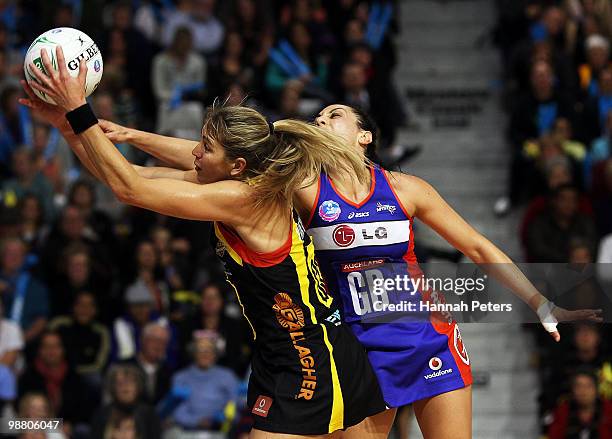 Joline Henry of the Mystics defends against Irene van Dyk of the Magic during the round seven match between the Northern Mystics and the Waikato/Bay...