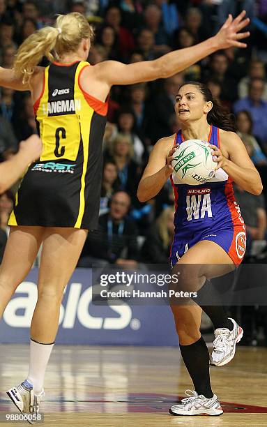 Laura Langman of the Magic defends against Temepara George of the Mystics during the round seven match between the Northern Mystics and the...