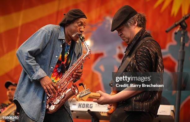 Saxophonist Charles Neville of The Neville Brothers performs during day 6 of the 41st annual New Orleans Jazz & Heritage Festival at the Fair Grounds...