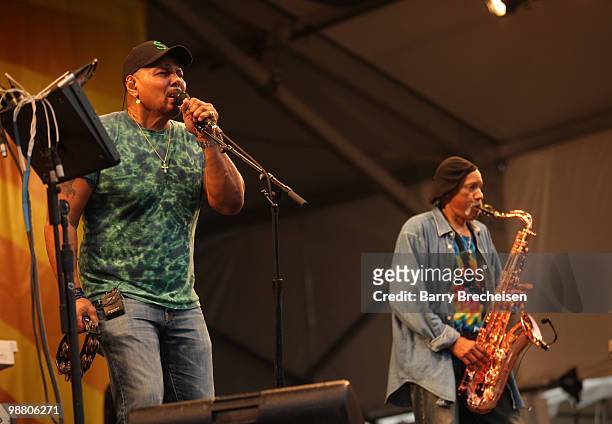 Musicians Aaron Neville and Charles Neville of The Neville Brothers perform during day 6 of the 41st annual New Orleans Jazz & Heritage Festival at...