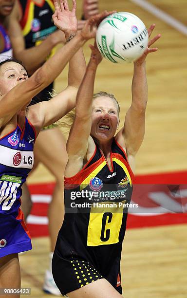 Laura Langman of the Magic secures posession during the round seven match between the Northern Mystics and the Waikato/Bay of Plenty Magic at the...