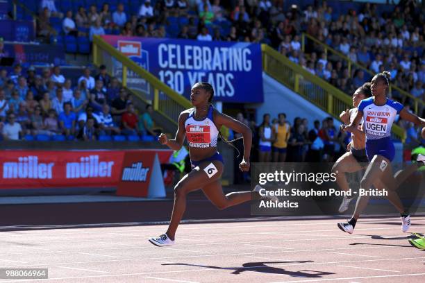 Dina Asher-Smith of Great Britain wins the Womens 100m Final during Day One of the Muller British Athletics Championships at the Alexander Stadium on...