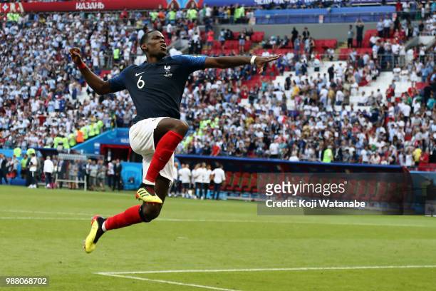 Paul Pogba of France celebrates victory following the 2018 FIFA World Cup Russia Round of 16 match between France and Argentina at Kazan Arena on...