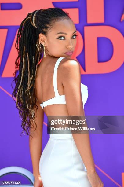 Logan Browning arrives to the 2018 BET Awards held at Microsoft Theater on June 24, 2018 in Los Angeles, California.