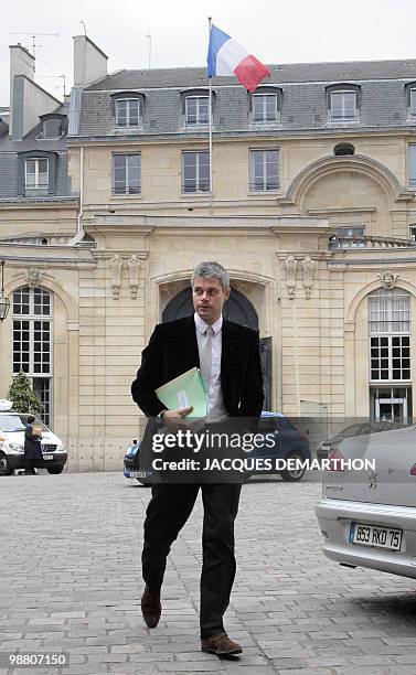 France's Junior Minister for Employment Laurent Wauquiez arrives for a meeting gathering Prime minister fifteen government members on May 3 focused...