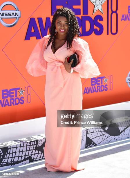 Logan Browning arrives to the 2018 BET Awards held at Microsoft Theater on June 24, 2018 in Los Angeles, California.