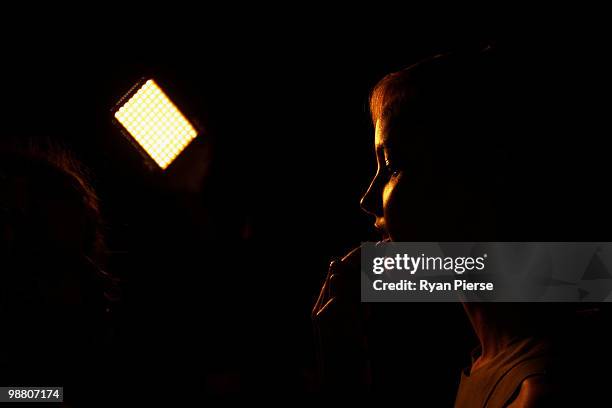 Model prepares backstage ahead of the Bassike show on the first day of Rosemount Australian Fashion Week Spring/Summer 2010/11 at the Overseas...