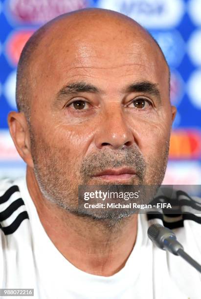 Jorge Sampaoli, Head coach of of Argentina speaks during a press conference after the 2018 FIFA World Cup Russia Round of 16 match between France and...