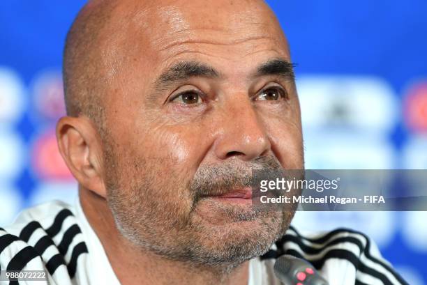 Jorge Sampaoli, Head coach of of Argentina speaks during a press conference after the 2018 FIFA World Cup Russia Round of 16 match between France and...