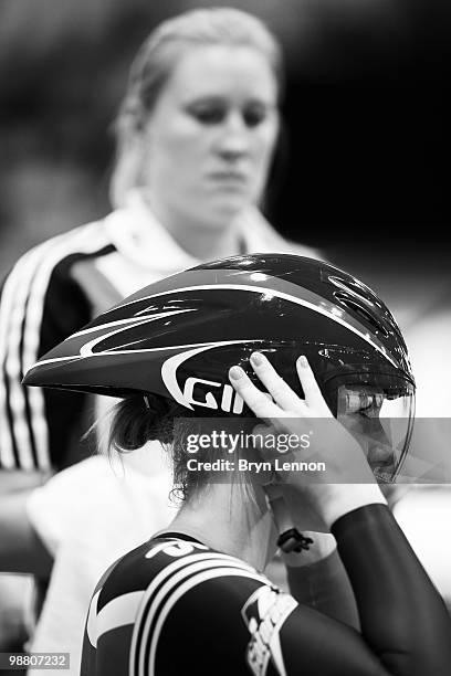 Rebecca James of Great Britain waits to take part in the Women's 500m Time Trial on Day One of the UCI Track Cycling World Championships at the...