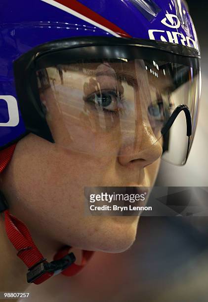 Rebecca James of Great Britain waits to take part in the Women's 500m Time Trial on Day One of the UCI Track Cycling World Championships at the...